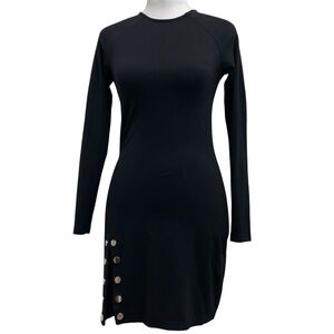 Showpo Black Long Sleeve Button Side Slit Jersey Bodycon Cocktail Mini Dress